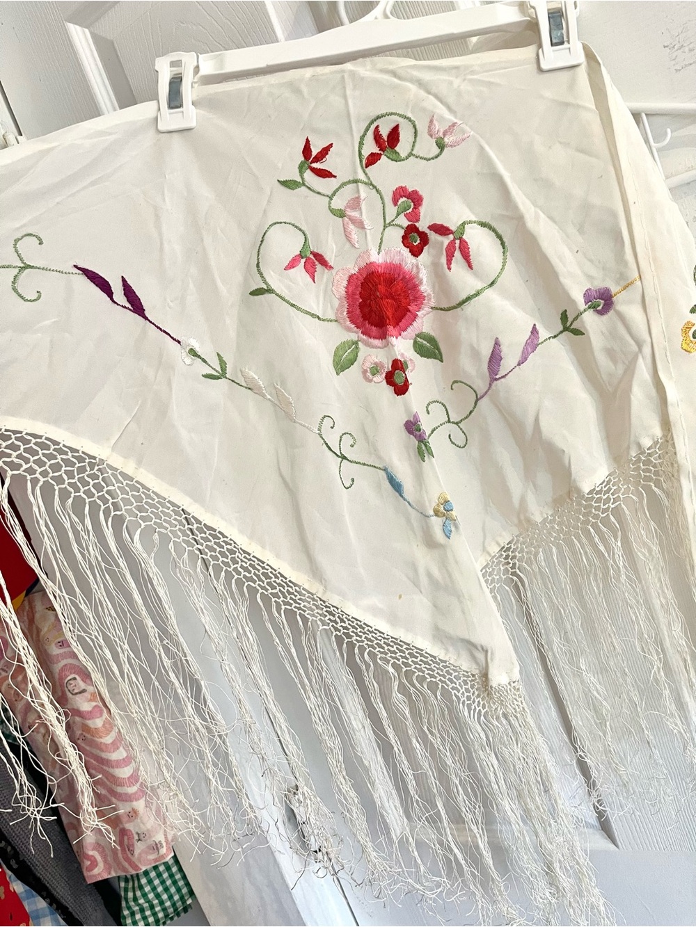 Vintage White Fringe Embroidered Floral Tassel Scarf Belt Sarong Piano Flamenco